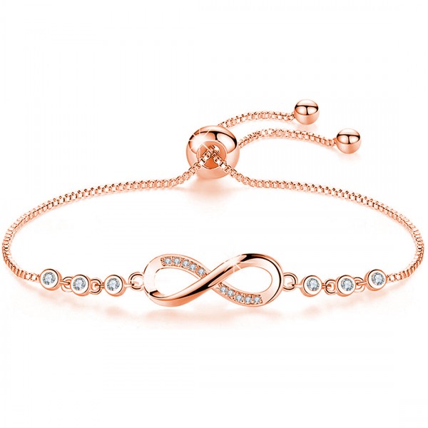 Tusuzik Double Heart 14K Rose Gold Plated Bracelet Cubic Zirconia Paved Adjustable Infinity Bracelets for Women Jewelry Gifts Collection