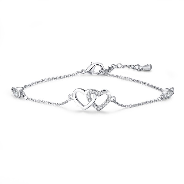 Tusuzik Ankle Endless Love Foot Chain White Gold Plated CZ Double Heart Adjustable Anklet Bracelet for Women Gift