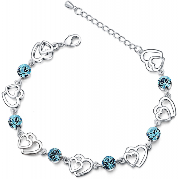 Blue Crystal Interlocking Double Heart Bracelet with Sterling Silver Cubic Zirconia for Valentine's Day